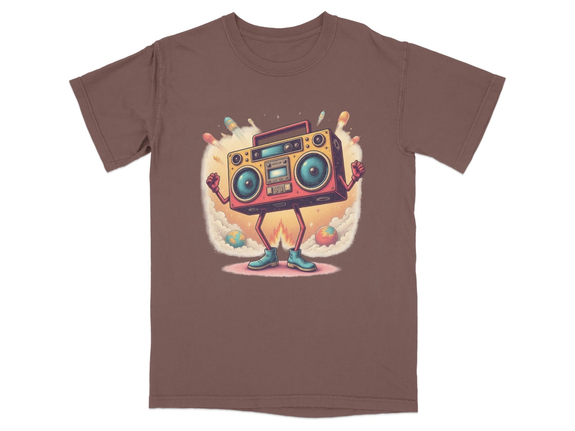 Retro boombox character T-shirt with rockets, featuring fun graphics, perfect for music lovers.
