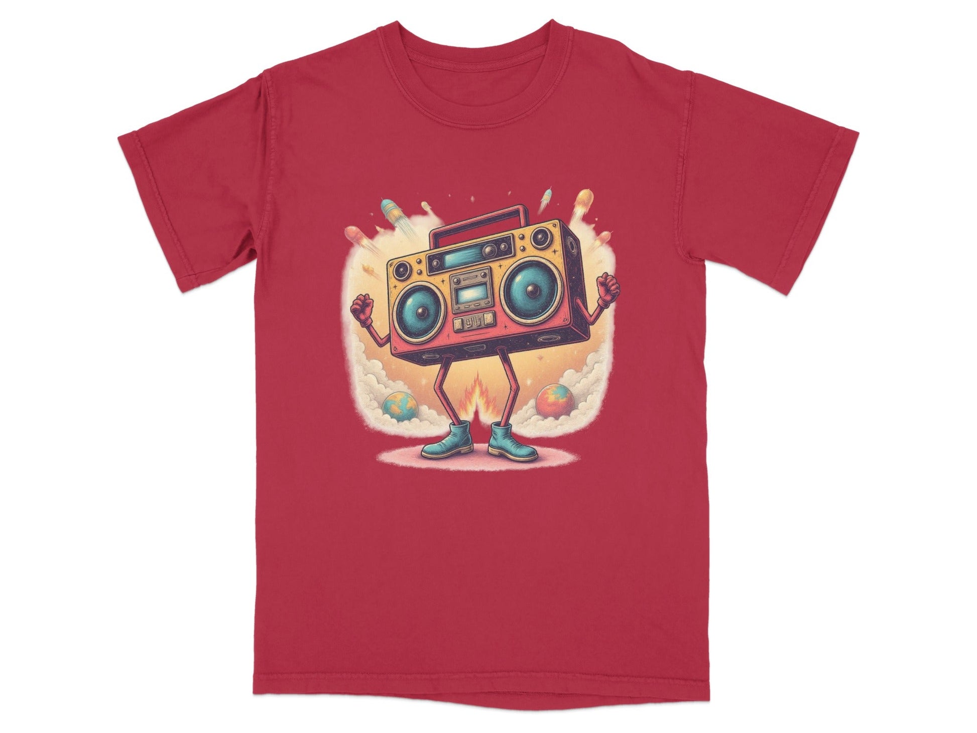 Retro boombox character t-shirt design with a fun, colorful graphic standing with arms raised.