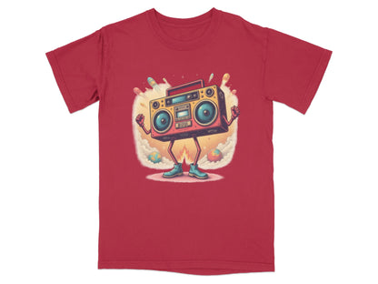 Retro boombox character t-shirt design with a fun, colorful graphic standing with arms raised.