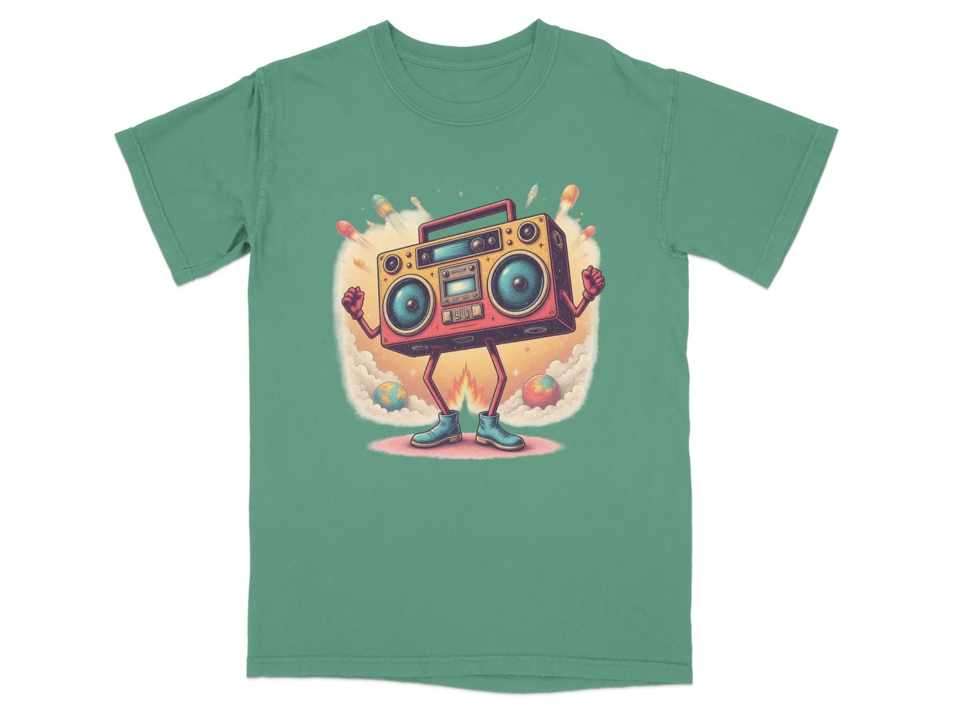 Funny Retro Boombox character T-shirt design with rockets, perfect for music lovers.