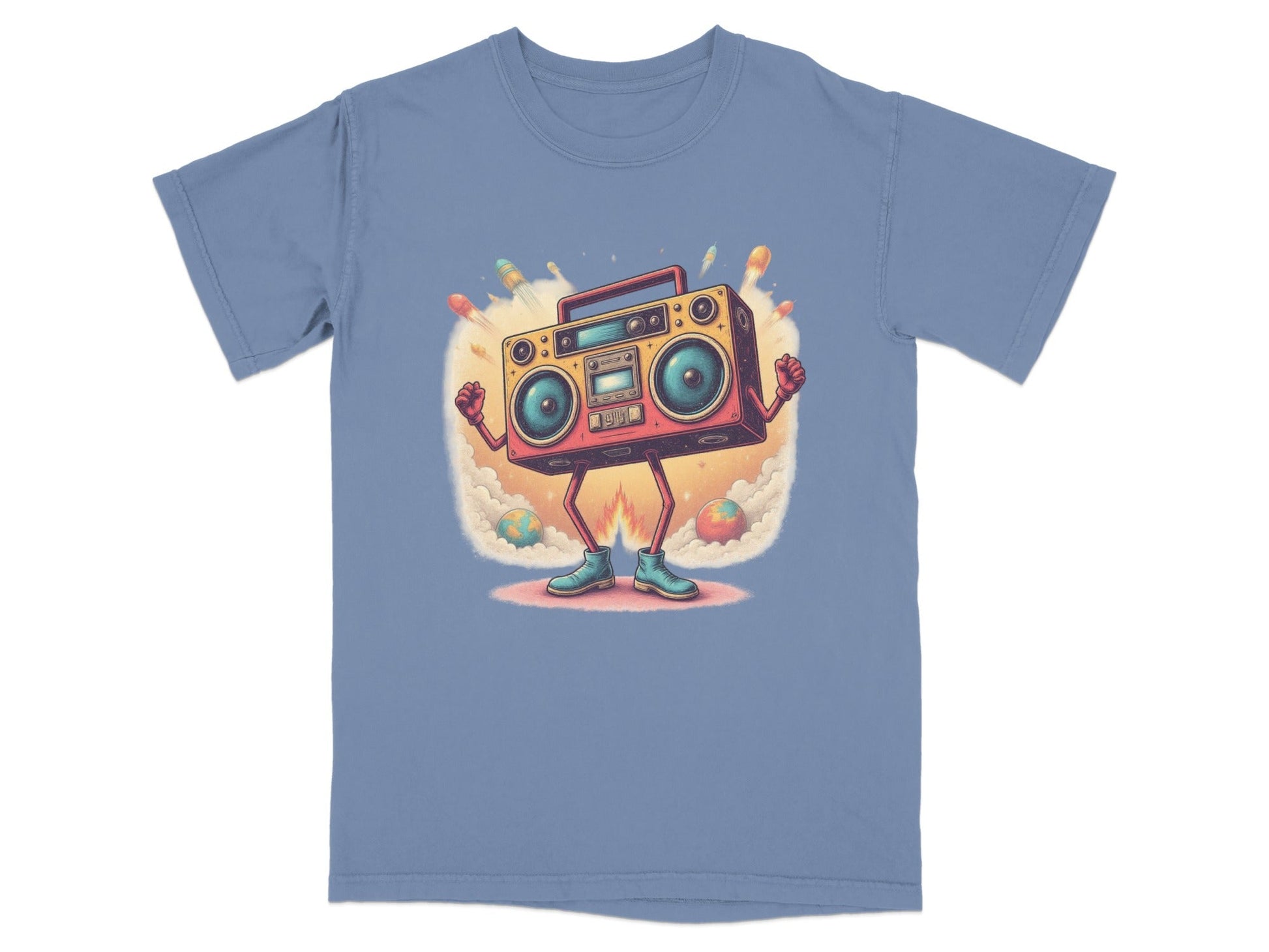 Retro boombox character t-shirt design with rockets, perfect for music lovers and fun gifts.
