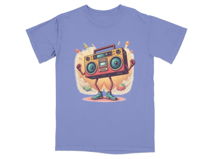Retro boombox character with arms standing on T-shirt, colorful design featuring rockets and fun elements.