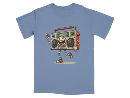 Retro boombox character graphic on a blue T-shirt, perfect for music lovers and unique fashion enthusiasts.