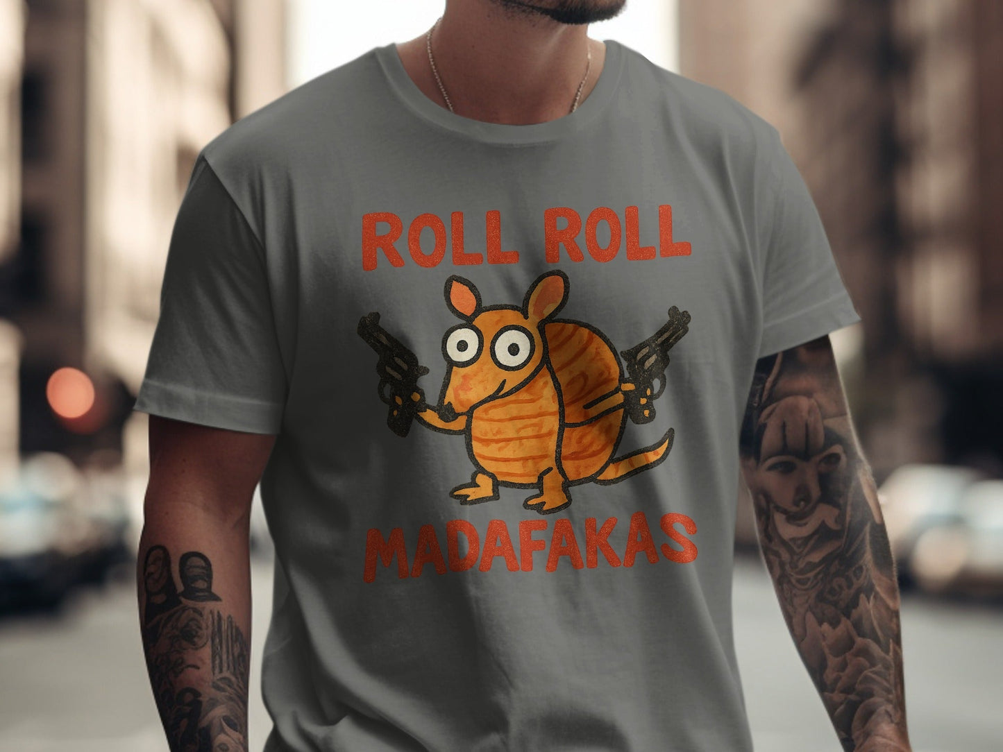 Roll Roll Madafakas T-Shirt, Funny Armadillo Tee, Animal Graphic Shirt, Novelty Gift T-Shirt, Humor Tee, Gangster Armadillo T-Shirt - IconVexa