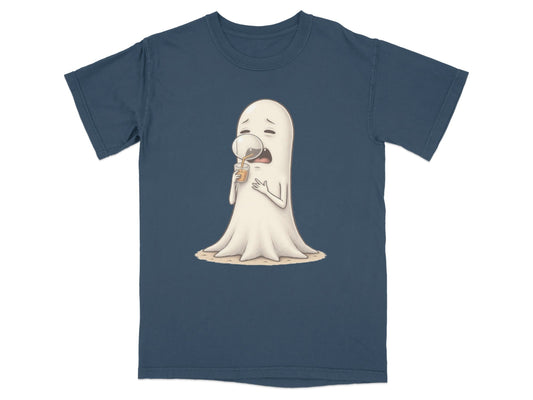 Sad Ghost Sipping Juice Through Bubble Funny T-Shirt - IconVexa