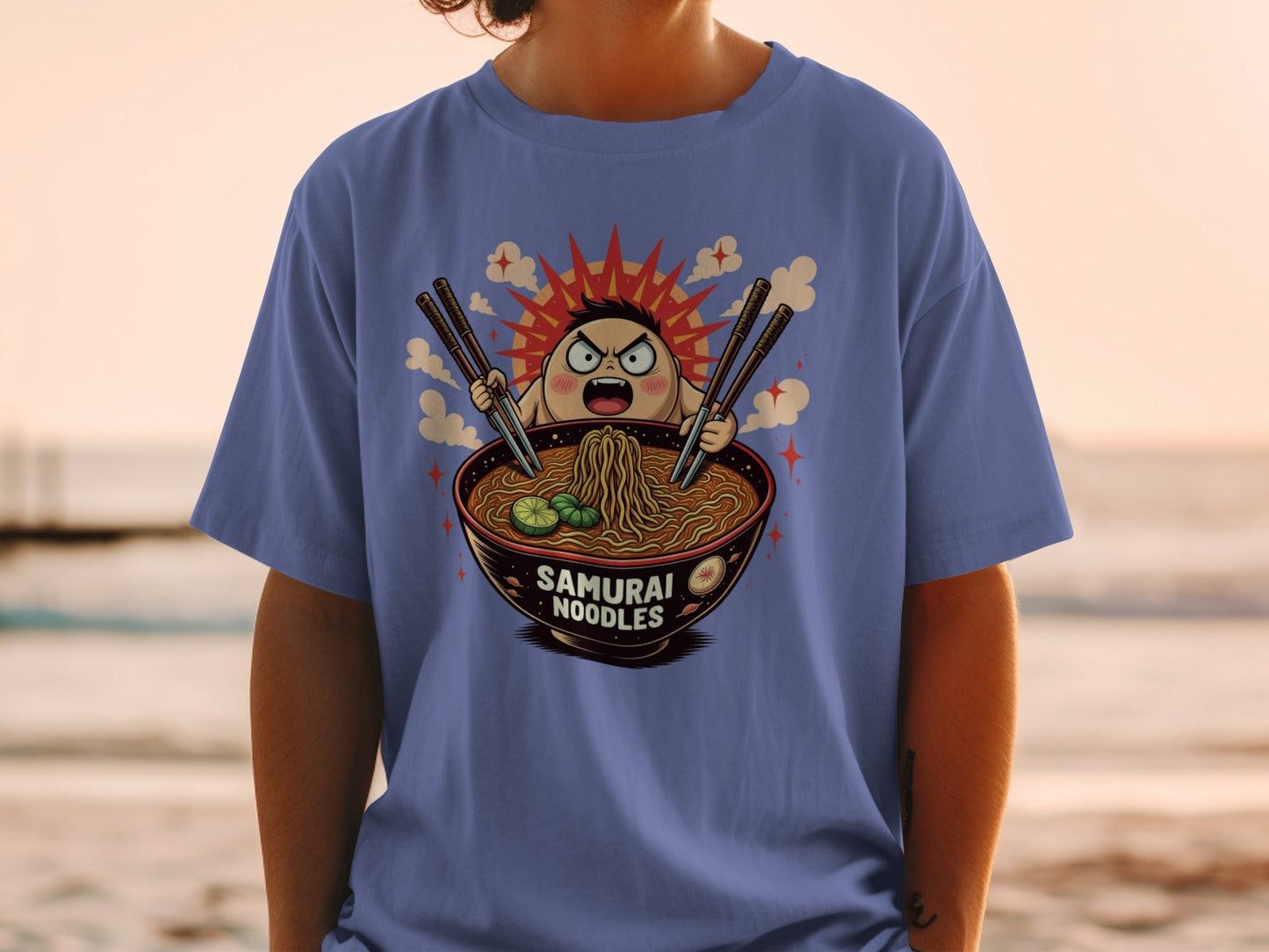 Samurai Noodles Ramen Funny Manga Graphic Cartoon T-Shirt - IconVexa