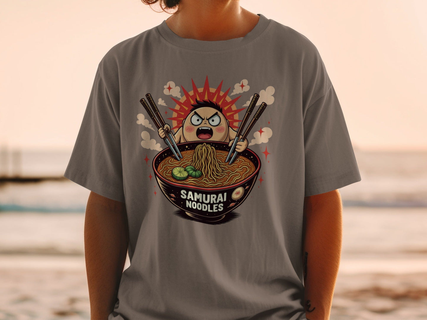 Samurai Noodles Ramen Funny Manga Graphic Cartoon T-Shirt - IconVexa