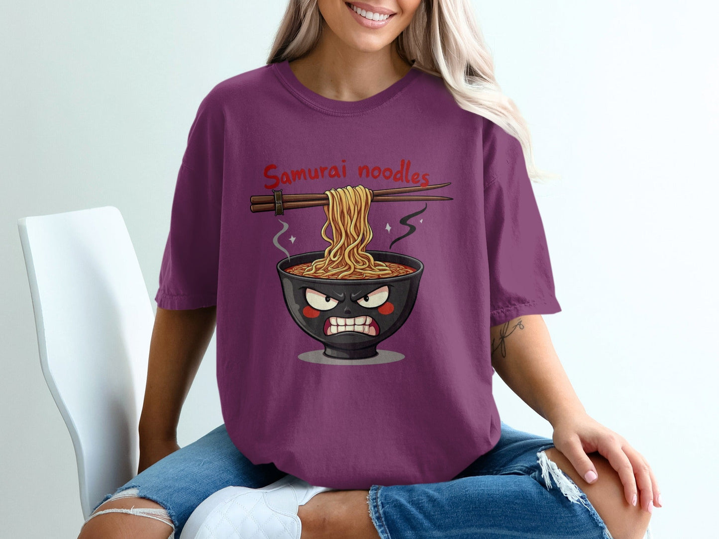 Samurai Noodles T-Shirt, Angry Ramen Bowl Shirt, Japanese Food Tee, Funny Noodle Shirt, Anime Shirt, Food Lover Gift, Unique T-Shirt Design - IconVexa