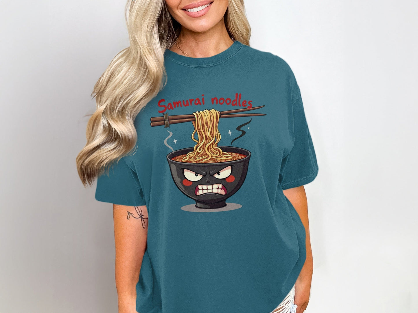 Samurai Noodles T-Shirt, Angry Ramen Bowl Shirt, Japanese Food Tee, Funny Noodle Shirt, Anime Shirt, Food Lover Gift, Unique T-Shirt Design - IconVexa