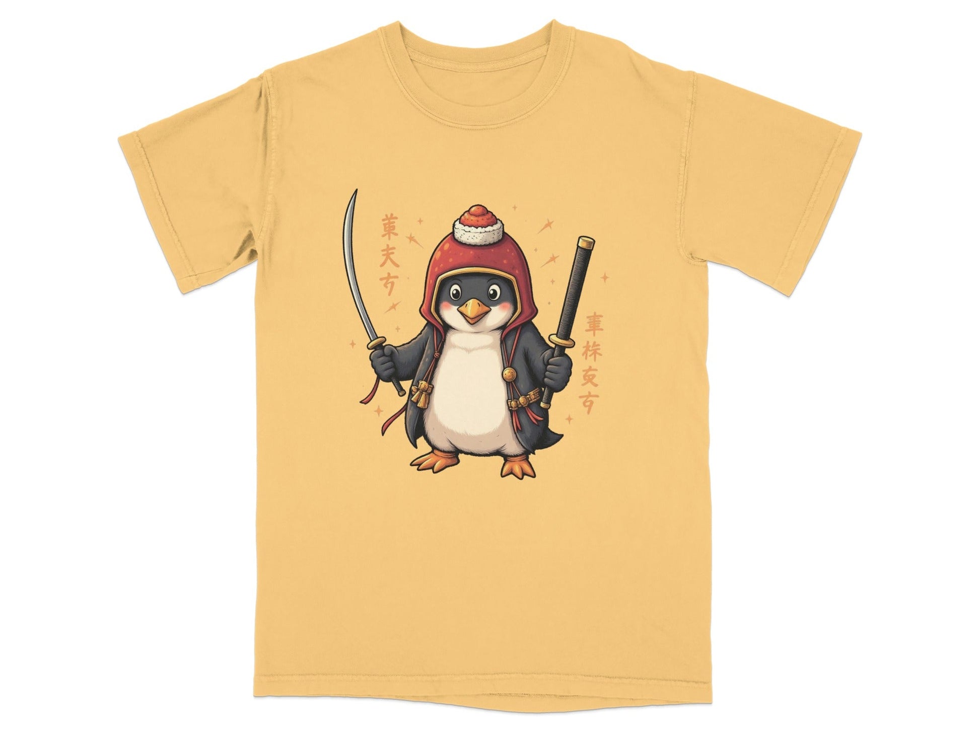 Samurai Penguin Holding Swords Cool Cartoon Design T-Shirt - IconVexa