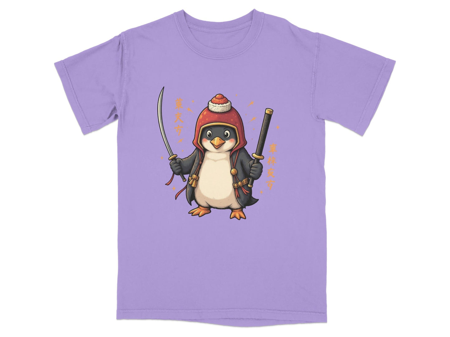 Samurai Penguin Holding Swords Cool Cartoon Design T-Shirt - IconVexa