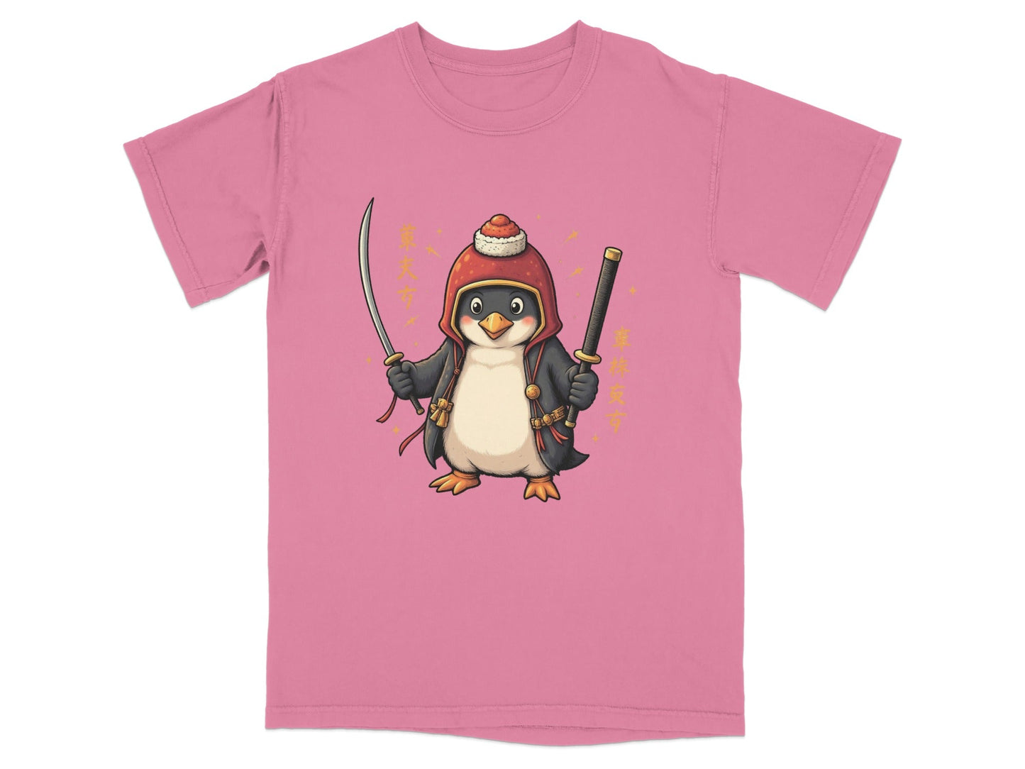 Samurai Penguin Holding Swords Cool Cartoon Design T-Shirt - IconVexa