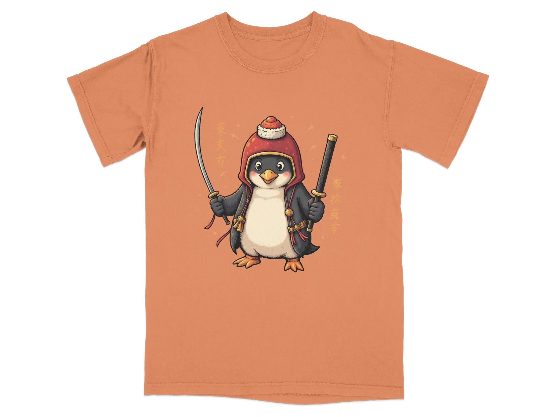 Samurai Penguin Holding Swords Cool Cartoon Design T-Shirt - IconVexa