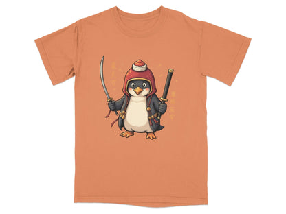 Samurai Penguin Holding Swords Cool Cartoon Design T-Shirt - IconVexa