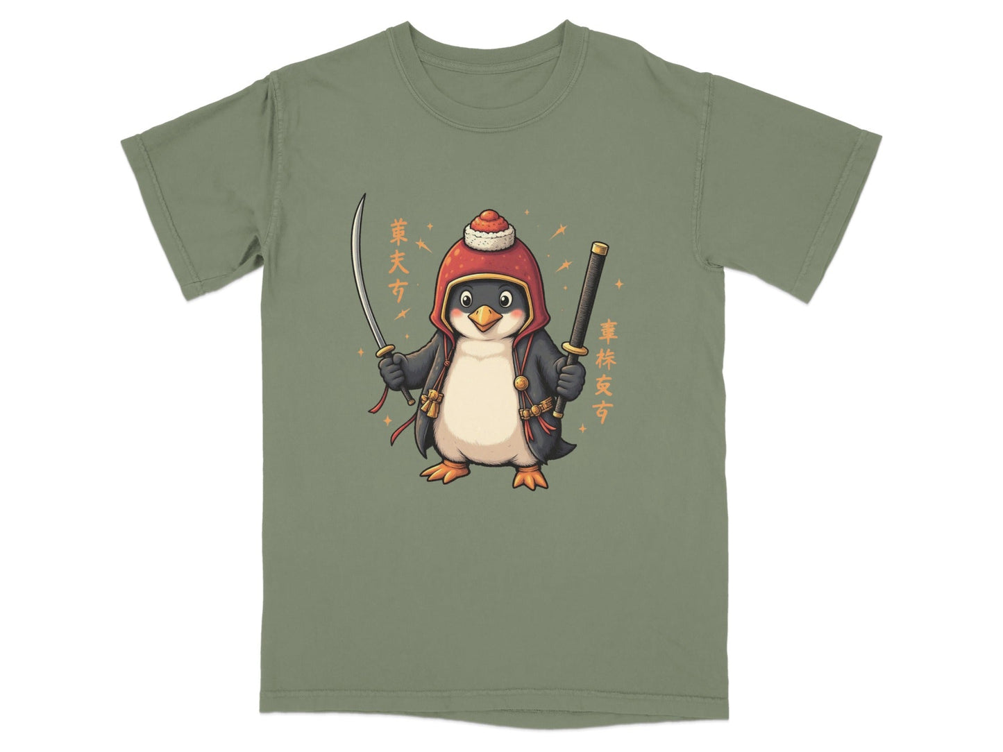 Samurai Penguin Holding Swords Cool Cartoon Design T-Shirt - IconVexa
