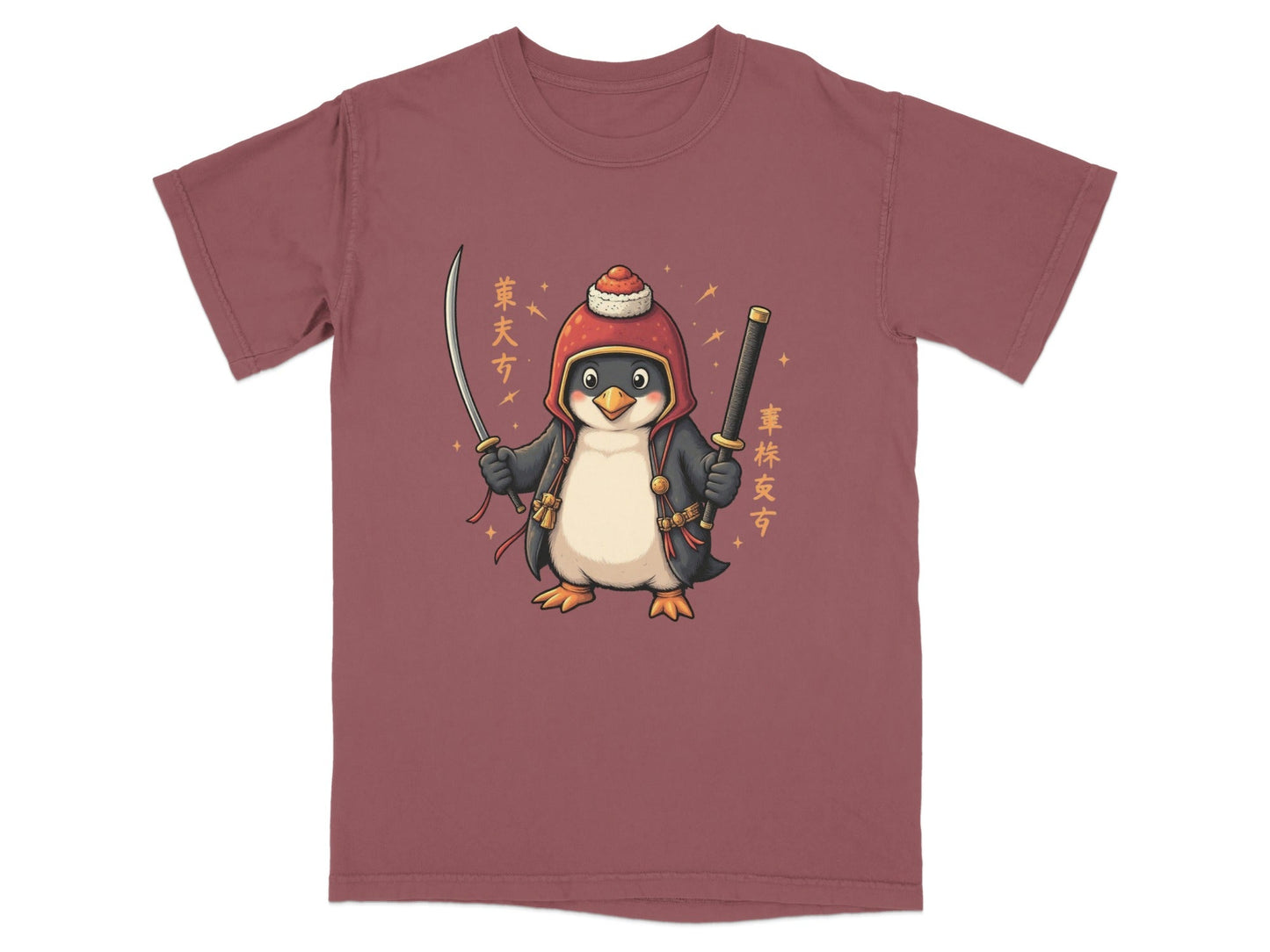 Samurai Penguin Holding Swords Cool Cartoon Design T-Shirt - IconVexa