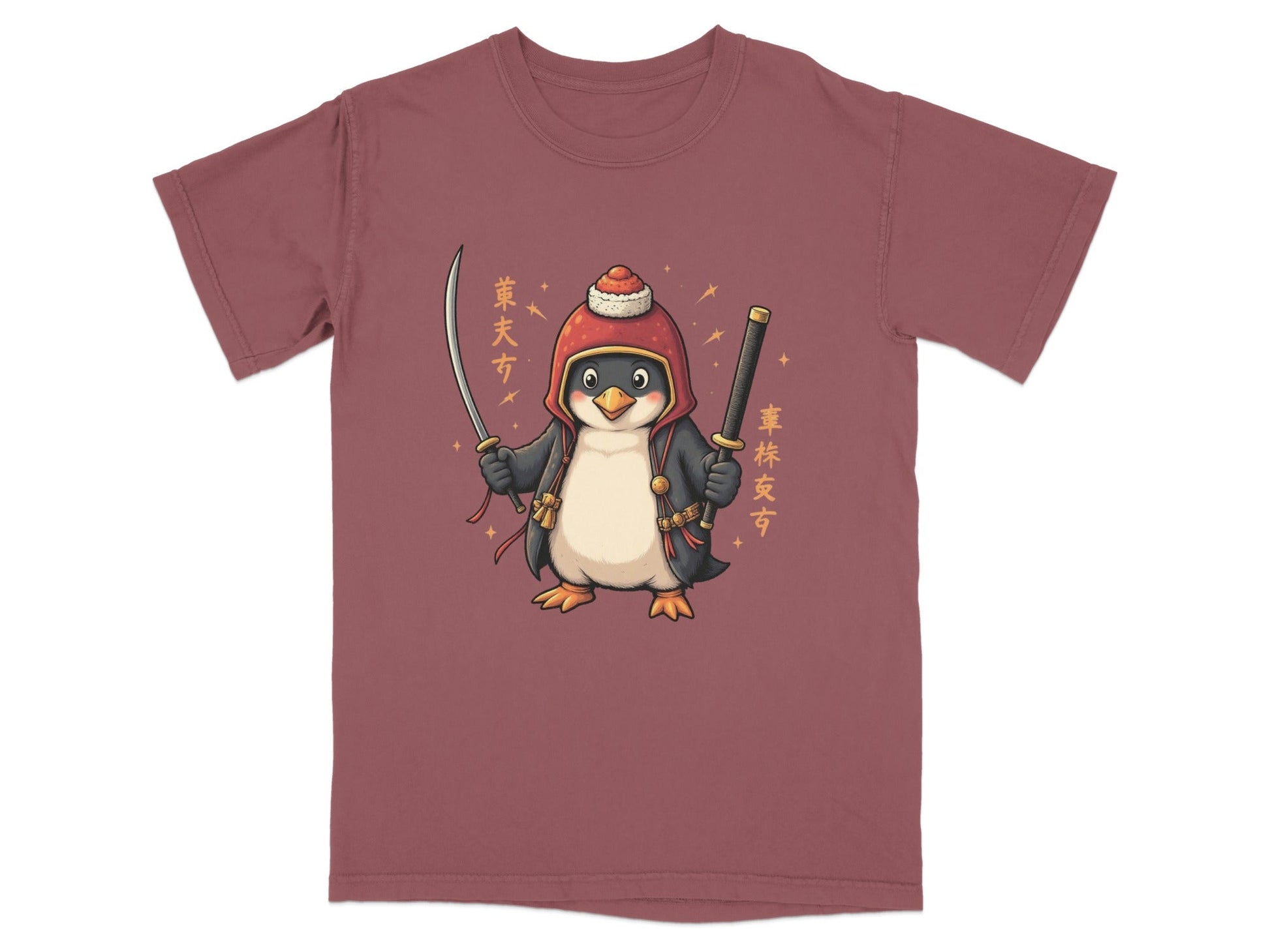 Samurai Penguin Holding Swords Cool Cartoon Design T-Shirt - IconVexa