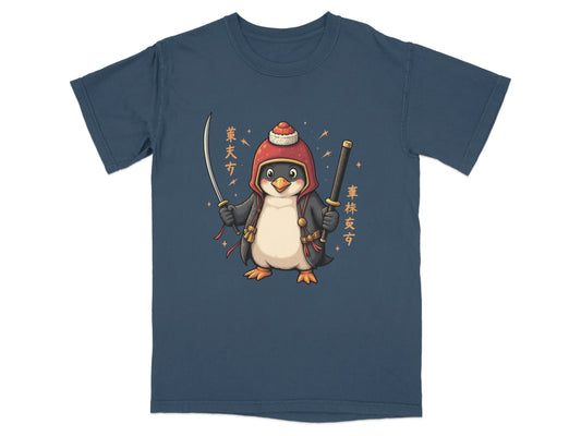 Samurai Penguin Holding Swords Cool Cartoon Design T-Shirt - IconVexa