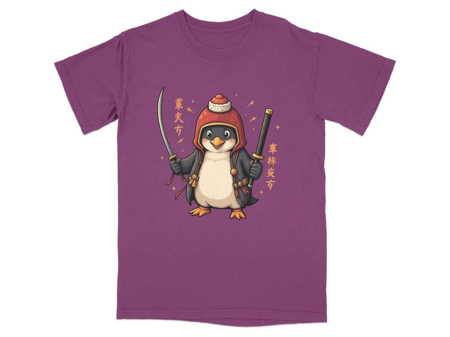 Samurai Penguin Holding Swords Cool Cartoon Design T-Shirt - IconVexa