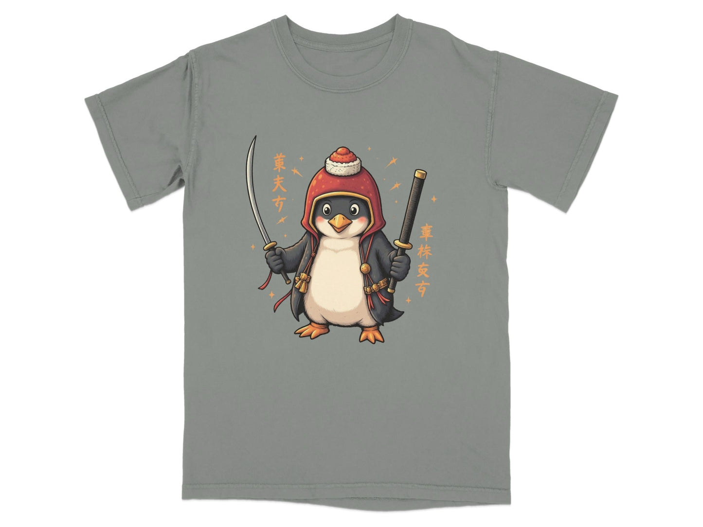 Samurai Penguin Holding Swords Cool Cartoon Design T-Shirt - IconVexa