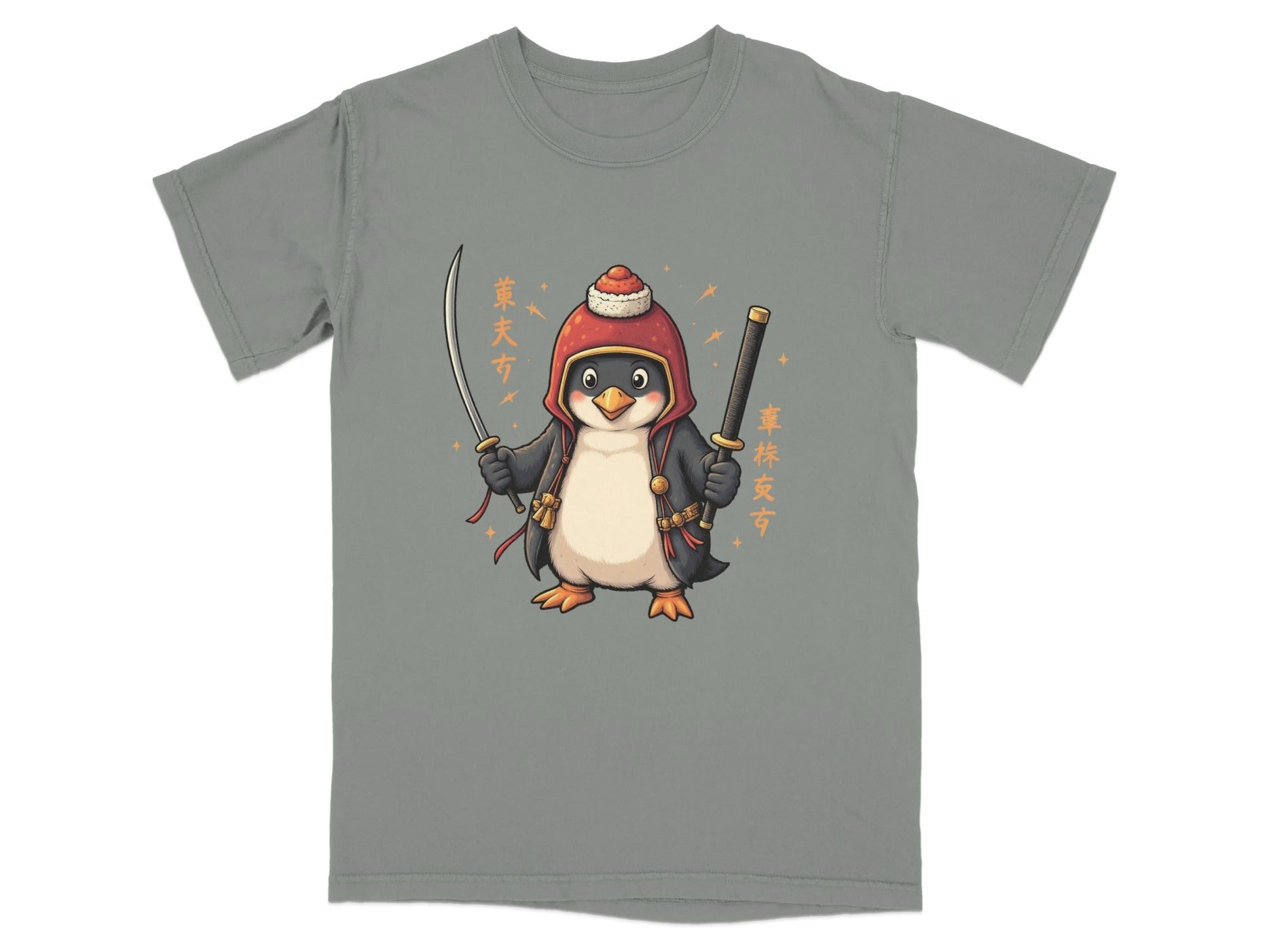 Samurai Penguin Holding Swords Cool Cartoon Design T-Shirt - IconVexa