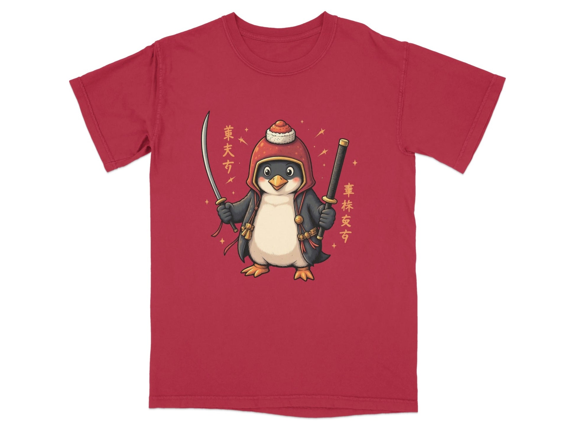 Samurai Penguin Holding Swords Cool Cartoon Design T-Shirt - IconVexa