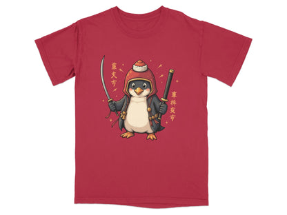 Samurai Penguin Holding Swords Cool Cartoon Design T-Shirt - IconVexa