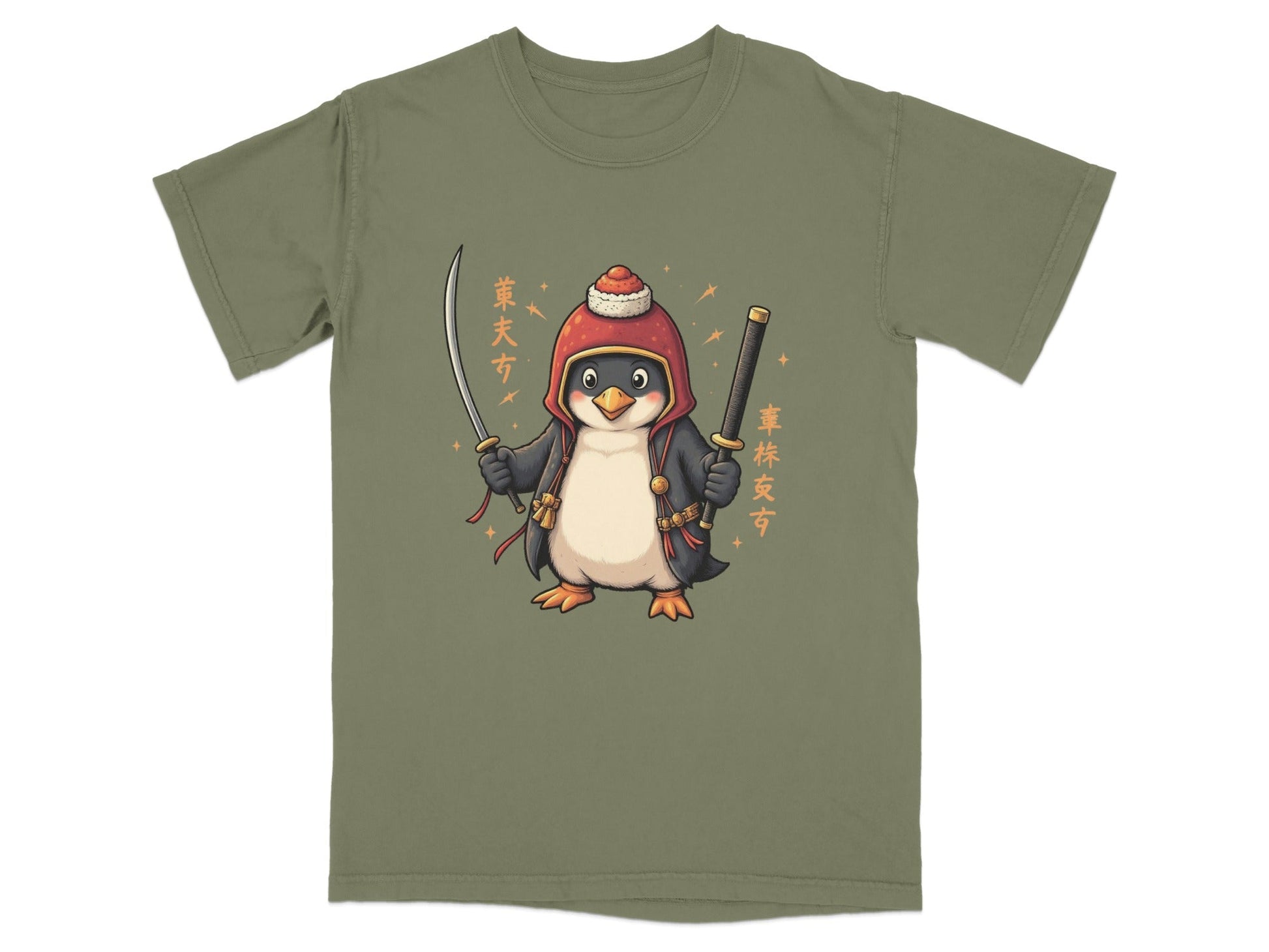 Samurai Penguin Holding Swords Cool Cartoon Design T-Shirt - IconVexa