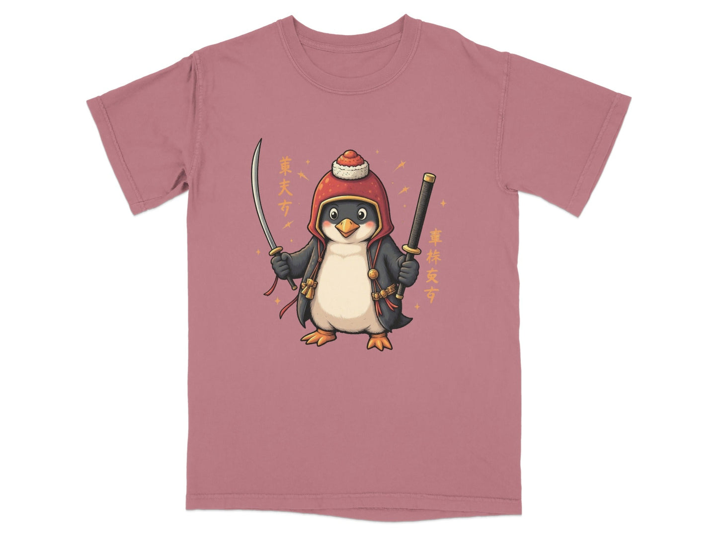 Samurai Penguin Holding Swords Cool Cartoon Design T-Shirt - IconVexa