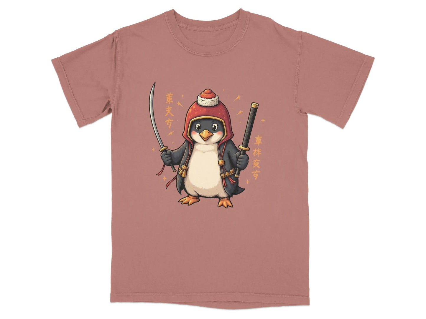 Samurai Penguin Holding Swords Cool Cartoon Design T-Shirt - IconVexa