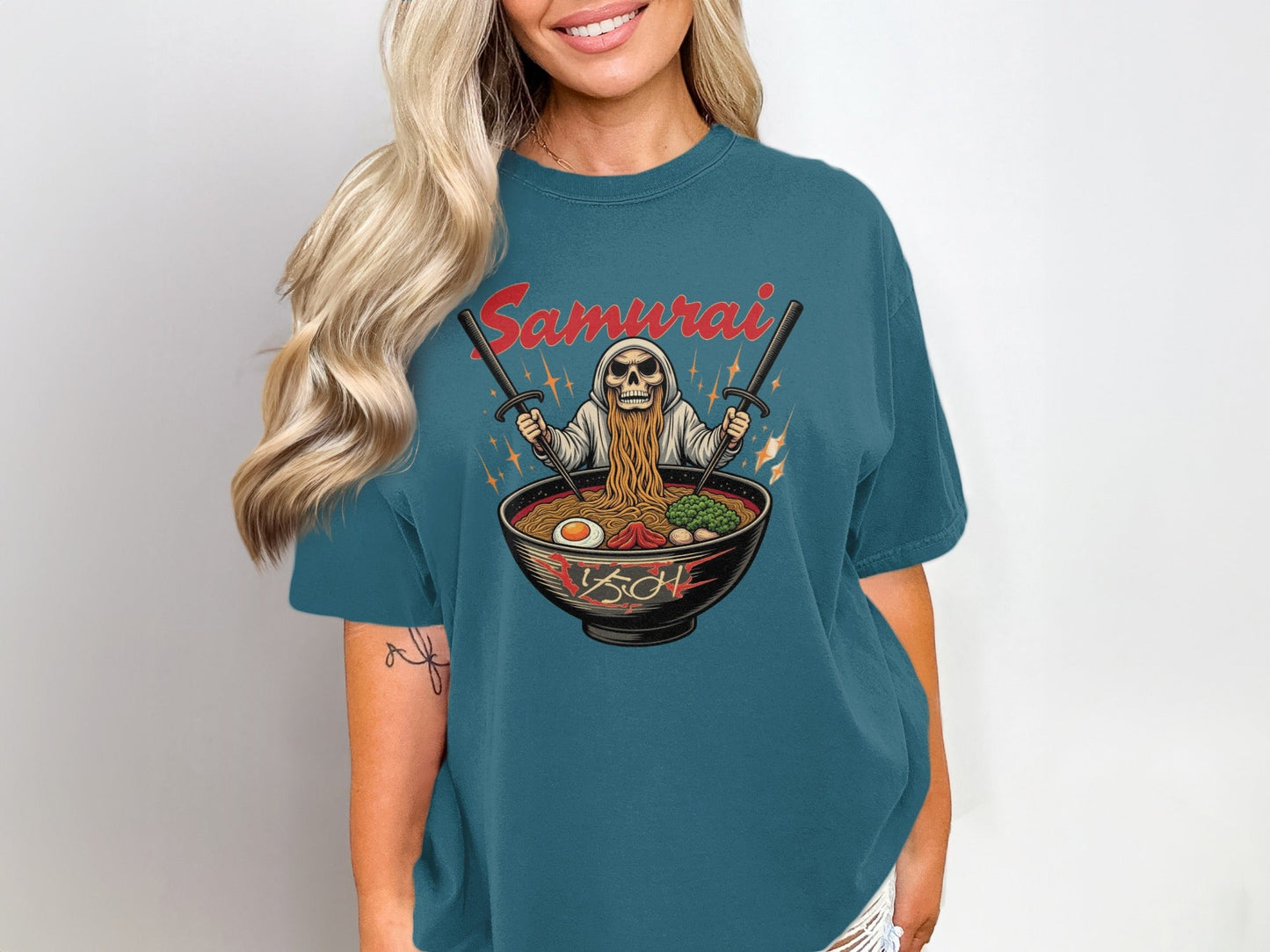 Samurai Ramen T-Shirt, Japanese Food Tee, Skull Warrior Shirt, Anime Style, Unique Graphic TShirt, Gift Idea, Trendy T Shirts - IconVexa