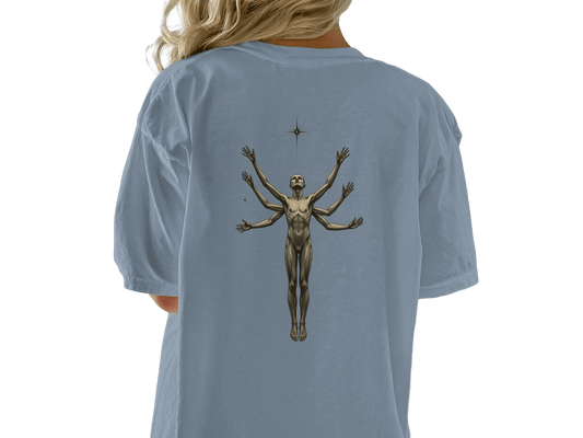 Six Armed Figure Reaching Starward Celestial Design T-Shirt - IconVexa
