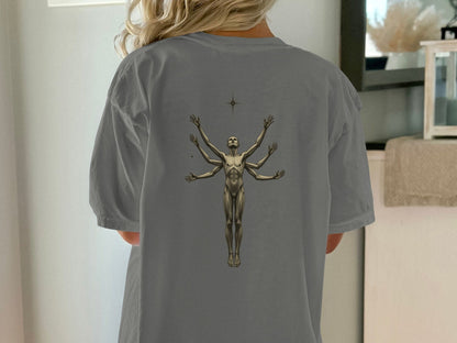 Six Armed Figure Reaching Starward Celestial Design T-Shirt - IconVexa