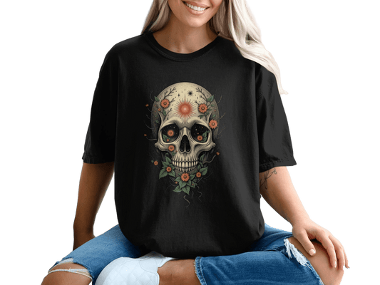 Skull and Flowers Detailed Graphic Art Unique Design T-Shirt - IconVexa