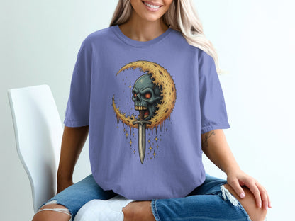 Skull And Moon with Sword Graphic Unisex Adult T-Shirt - IconVexa