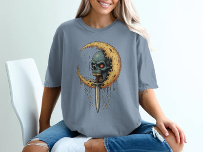 Skull And Moon with Sword Graphic Unisex Adult T-Shirt - IconVexa