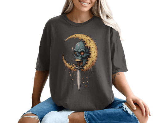 Skull And Moon with Sword Graphic Unisex Adult T-Shirt - IconVexa