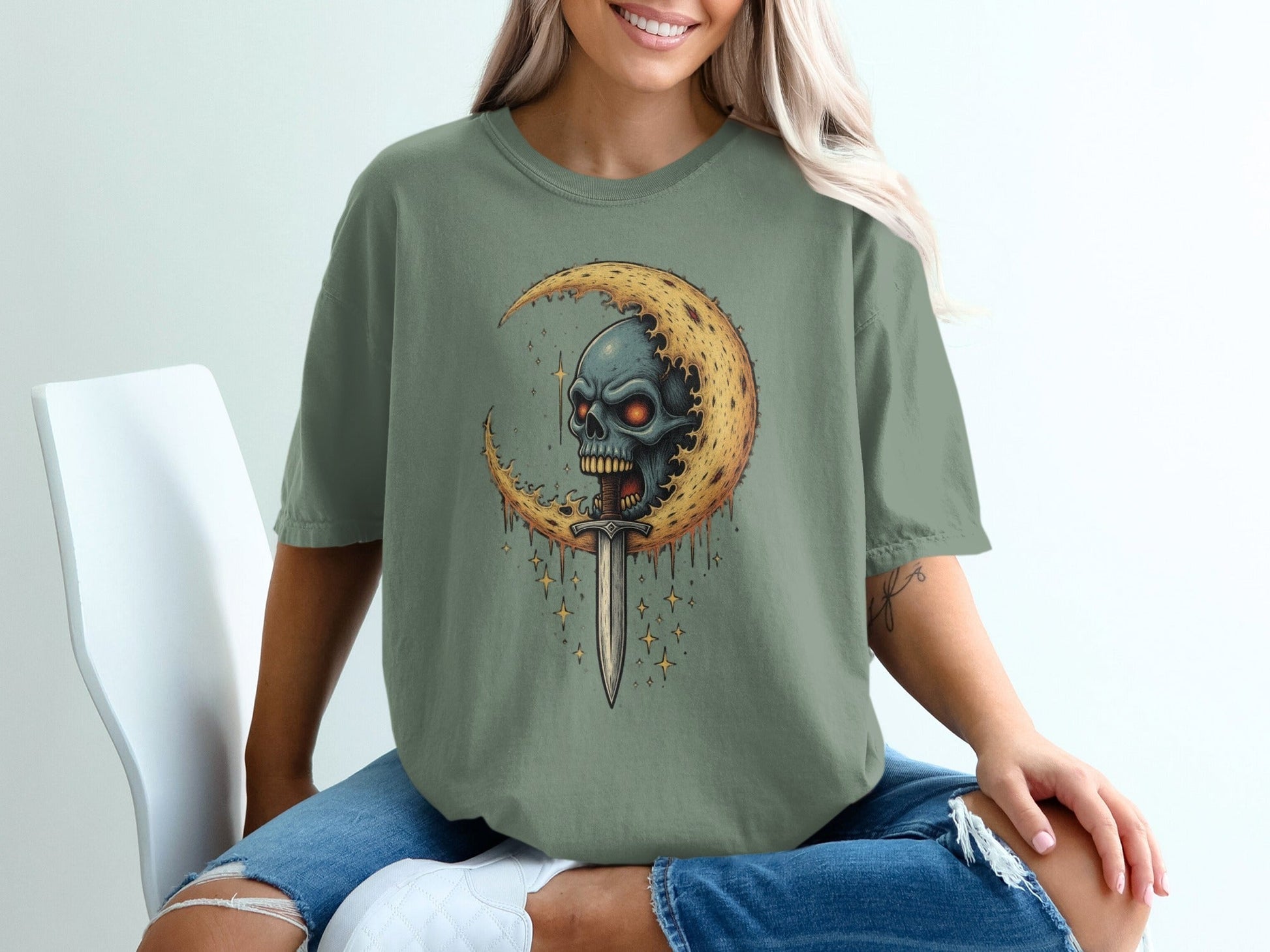 Skull And Moon with Sword Graphic Unisex Adult T-Shirt - IconVexa
