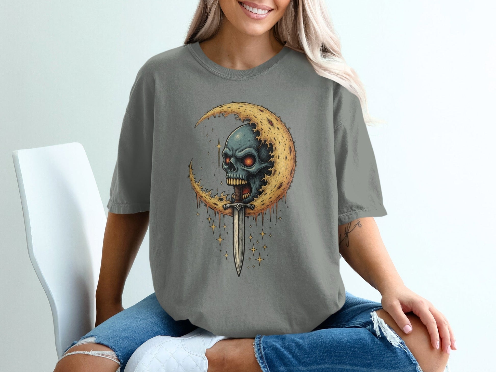 Skull And Moon with Sword Graphic Unisex Adult T-Shirt - IconVexa
