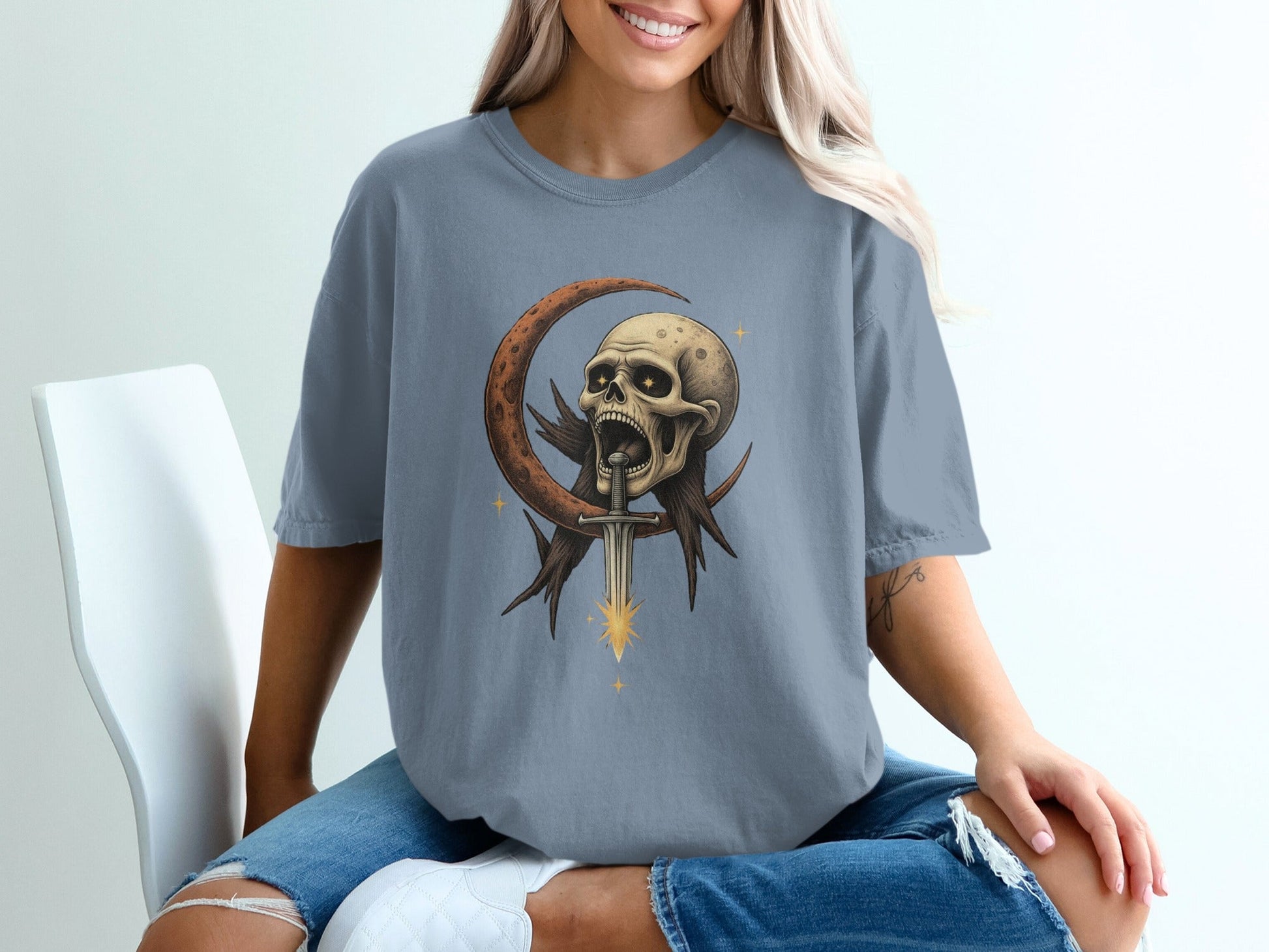 Skull Crescent Moon with Sword Fantasy Art Graphic T-Shirt - IconVexa