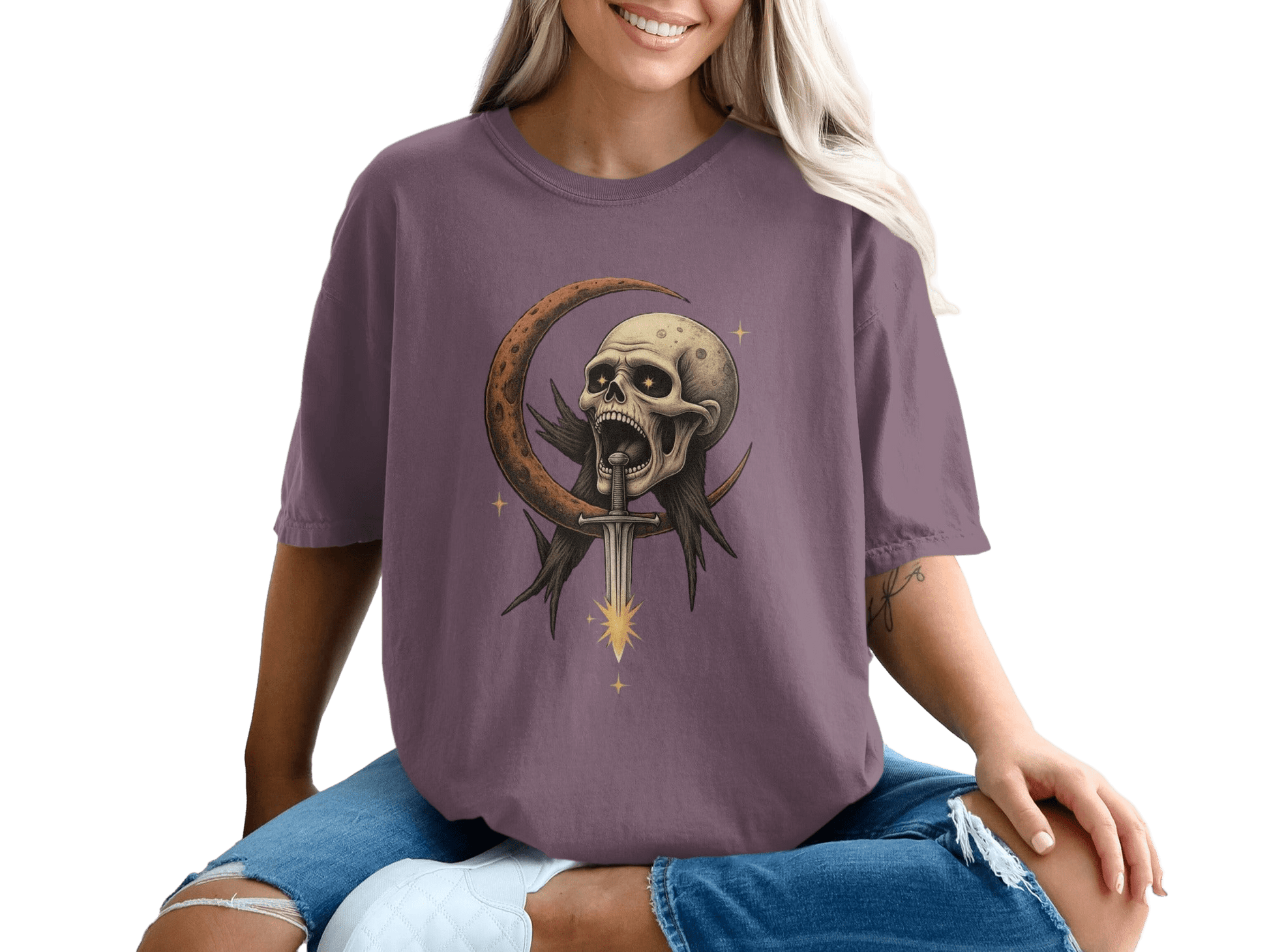 Skull Crescent Moon with Sword Fantasy Art Graphic T-Shirt - IconVexa