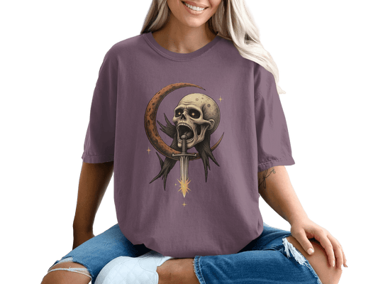 Skull Crescent Moon with Sword Fantasy Art Graphic T-Shirt - IconVexa