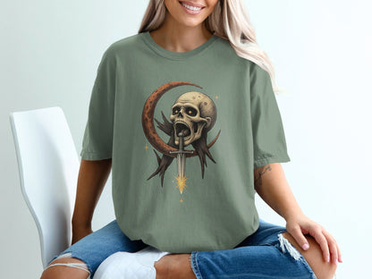 Skull Crescent Moon with Sword Fantasy Art Graphic T-Shirt - IconVexa