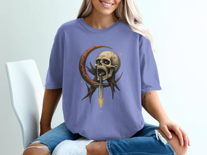 Skull Crescent Moon with Sword Fantasy Art Graphic T-Shirt - IconVexa