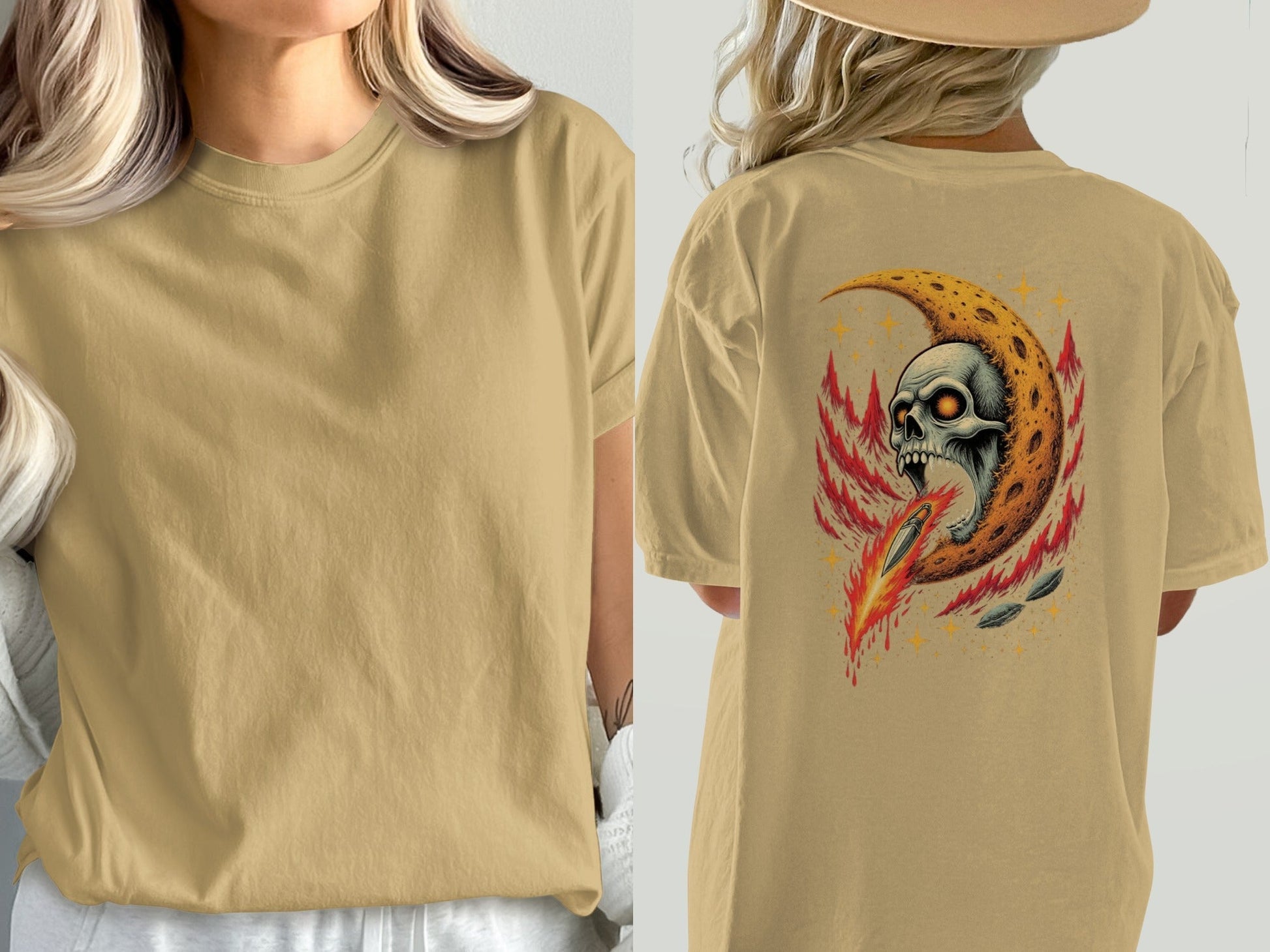 Skull in Crescent Moon with Flaming Sword Design T-Shirt - IconVexa
