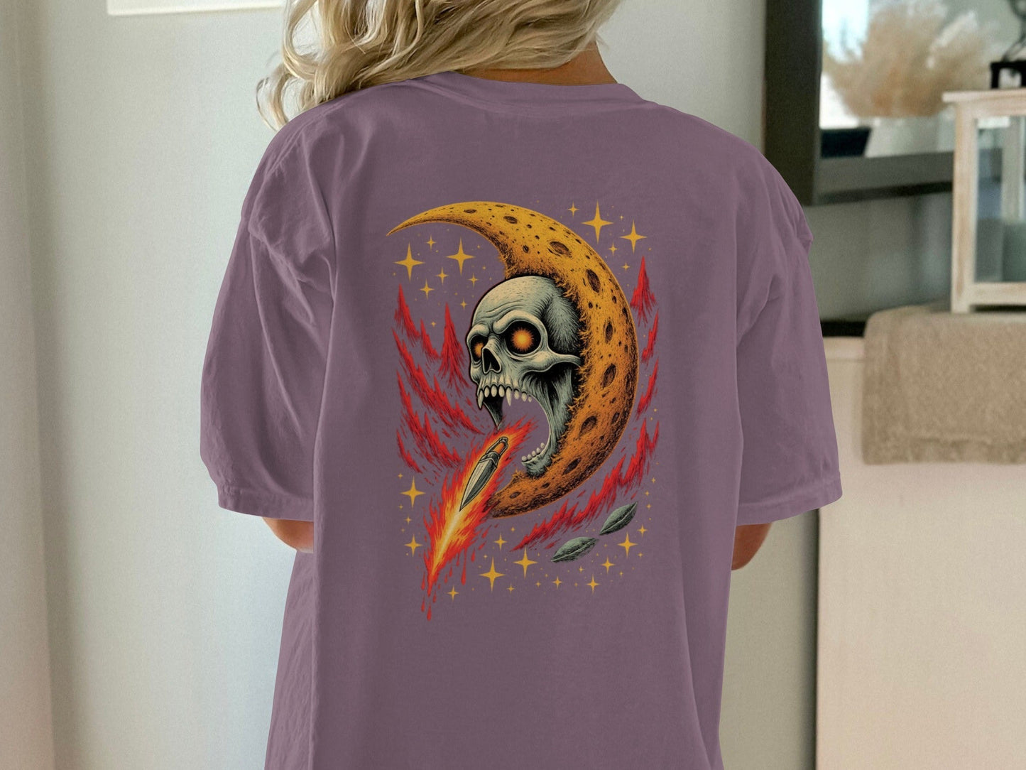 Skull in Crescent Moon with Flaming Sword Design T-Shirt - IconVexa