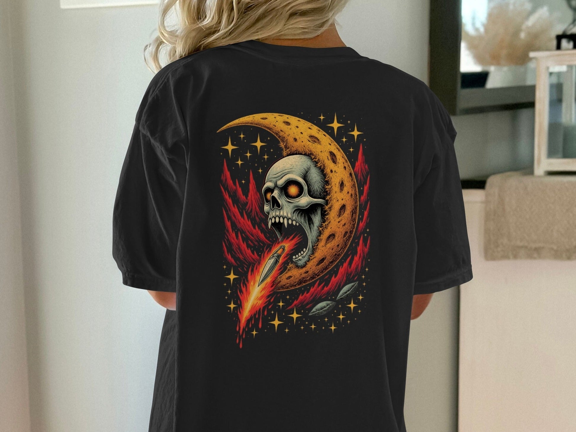 Skull in Crescent Moon with Flaming Sword Design T-Shirt - IconVexa