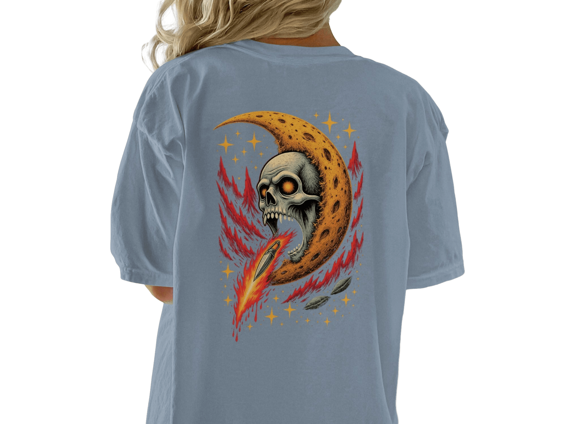 Skull in Crescent Moon with Flaming Sword Design T-Shirt - IconVexa