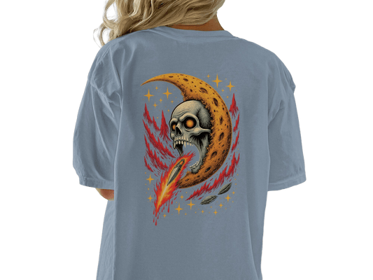 Skull in Crescent Moon with Flaming Sword Design T-Shirt - IconVexa