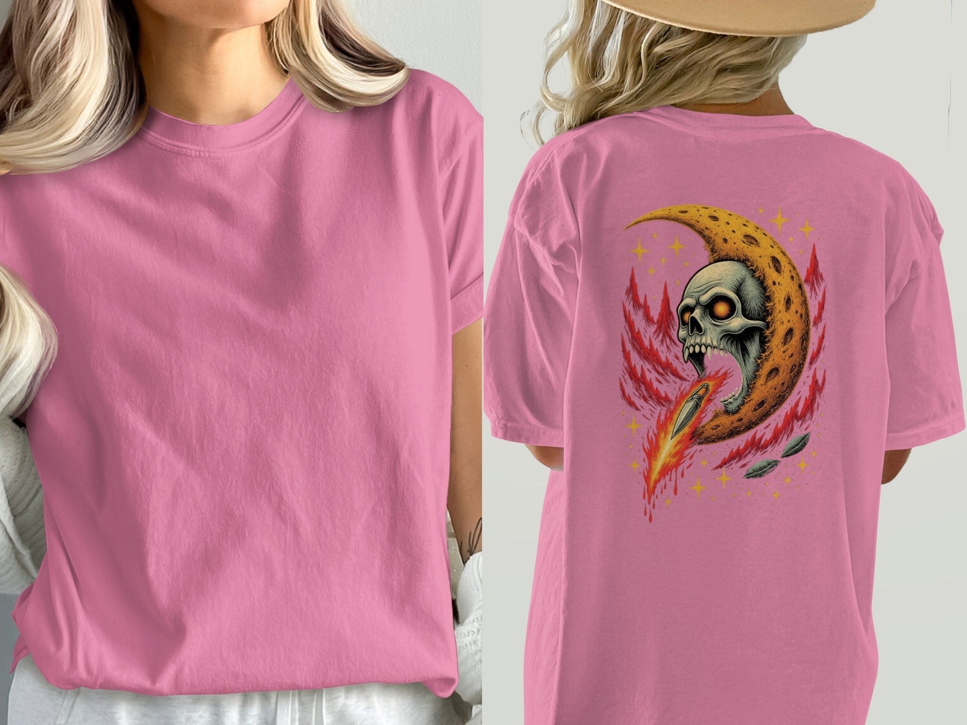 Skull in Crescent Moon with Flaming Sword Design T-Shirt - IconVexa